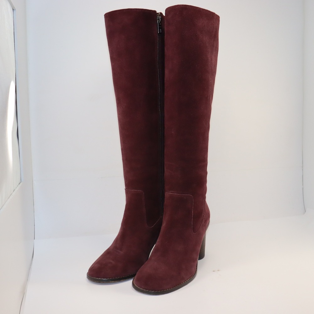 Coach Tall Suede Boots Womens 7 Burgundy Block Heel Knee High Leather Sole Zip - Picture 2 of 8